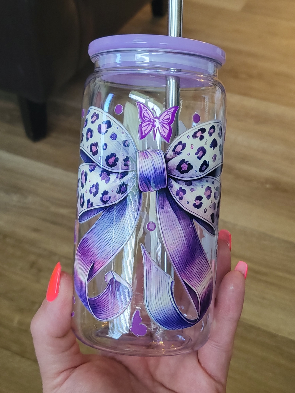 Kids Purple Butterfly Bow Tumbler with Straw